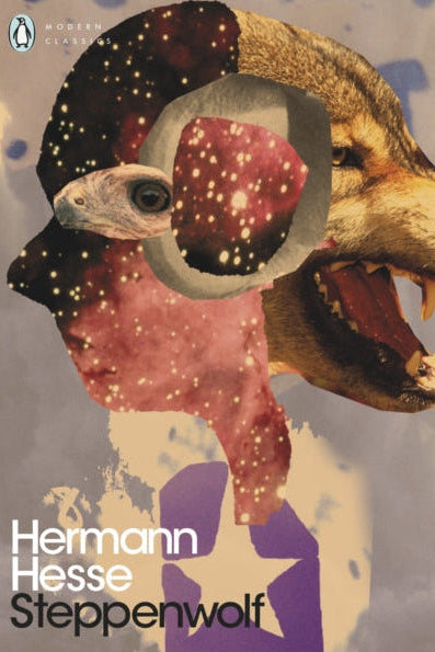 Book cover of 'Steppenwolf' by Hermann Hesse with a stylized animal head design.