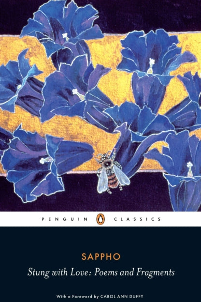 Book cover of 'Stung with Love: Poems and Fragments' by Sappho with blue floral design and bee illustration.