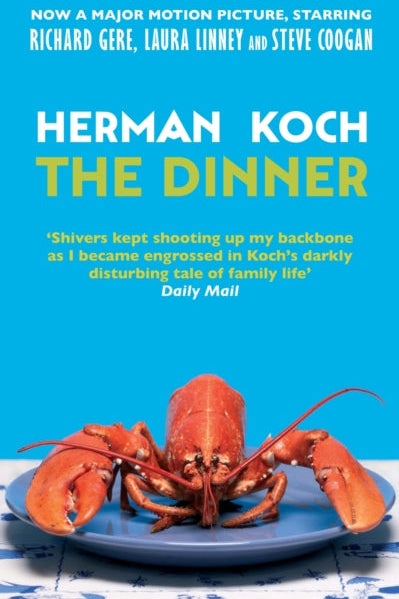 Book cover of 'The Dinner' by Herman Koch with a lobster on a plate against a blue background.