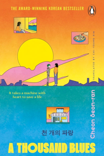Book cover of 'A Thousand Blues' with a colorful illustration of two people and a dinosaur-like creature against a sunset sky.