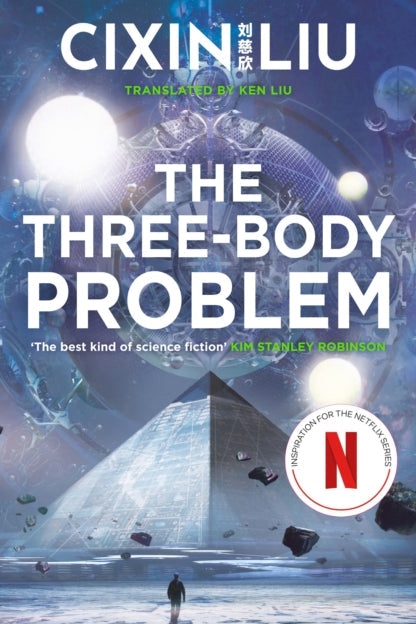 Book cover of 'The Three-Body Problem' by Cixin Liu with a futuristic landscape and Netflix logo.