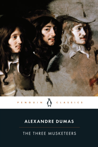 Book cover of 'The Three Musketeers' by Alexandre Dumas featuring illustrations of three men.