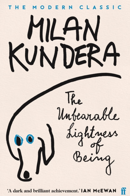 Book cover of 'The Unbearable Lightness of Being' by Milan Kundera with a minimalist illustration of a dog.