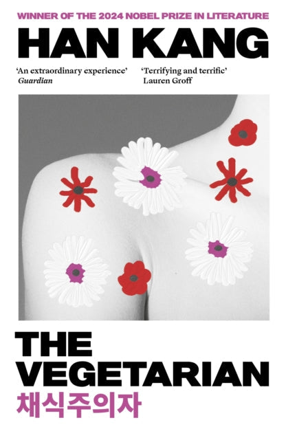 Book cover of 'The Vegetarian' by Han Kang with floral patterns on a gray background