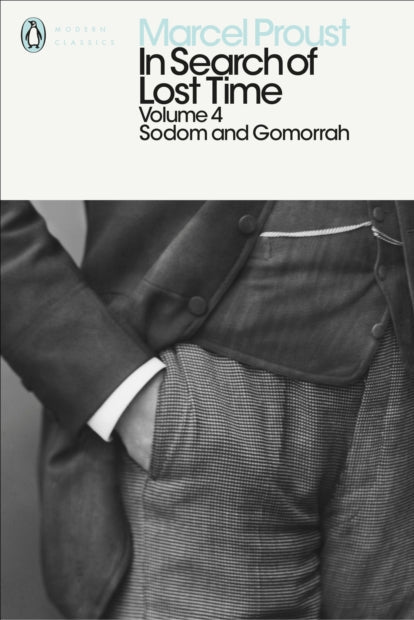 Book cover of 'In Search of Lost Time' by Marcel Proust, Volume 4, with a black and white photo of a person in formal attire.