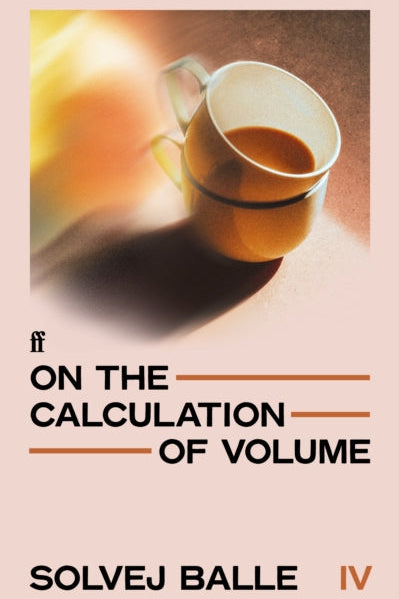 Book cover with a cup of coffee and text about volume calculation by Solvej Balle