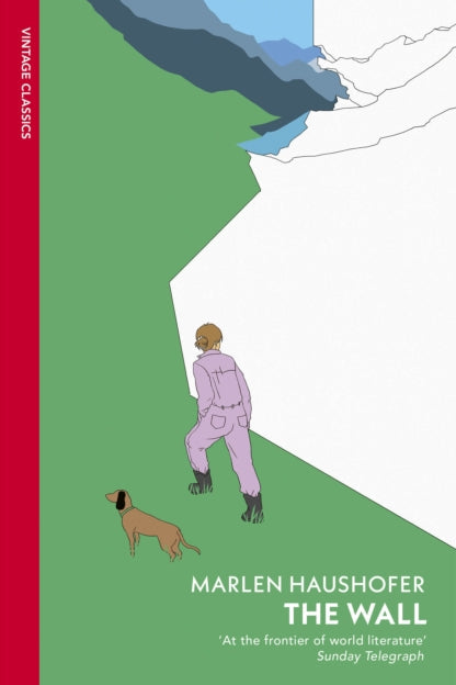 Book cover of 'The Wall' by Marlen Haushofer with a illustration of a person and dog looking over a divided landscape.