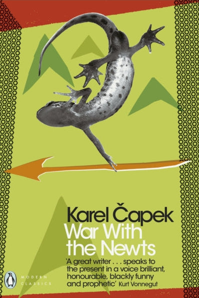 Book cover of 'War with the Newts' by Karel Capek featuring a salamander and geometric patterns.