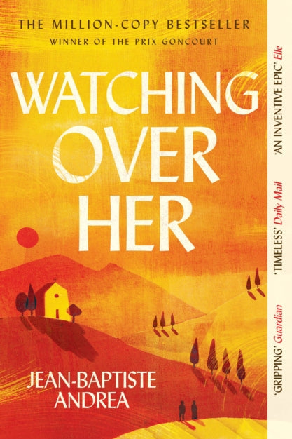 Book cover of 'Watching Over Her' with a yellow and red landscape illustration.