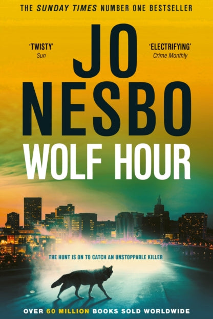 Book cover of 'Wolf Hour' by Jo Nesbo with a wolf and cityscape in the background.