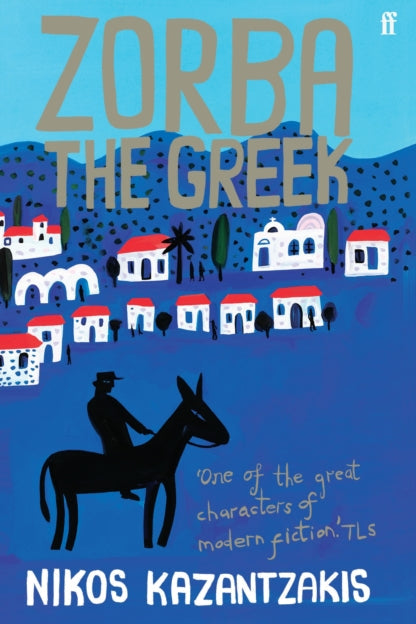 Book cover of 'Zorba the Greek' with a blue background and white buildings.